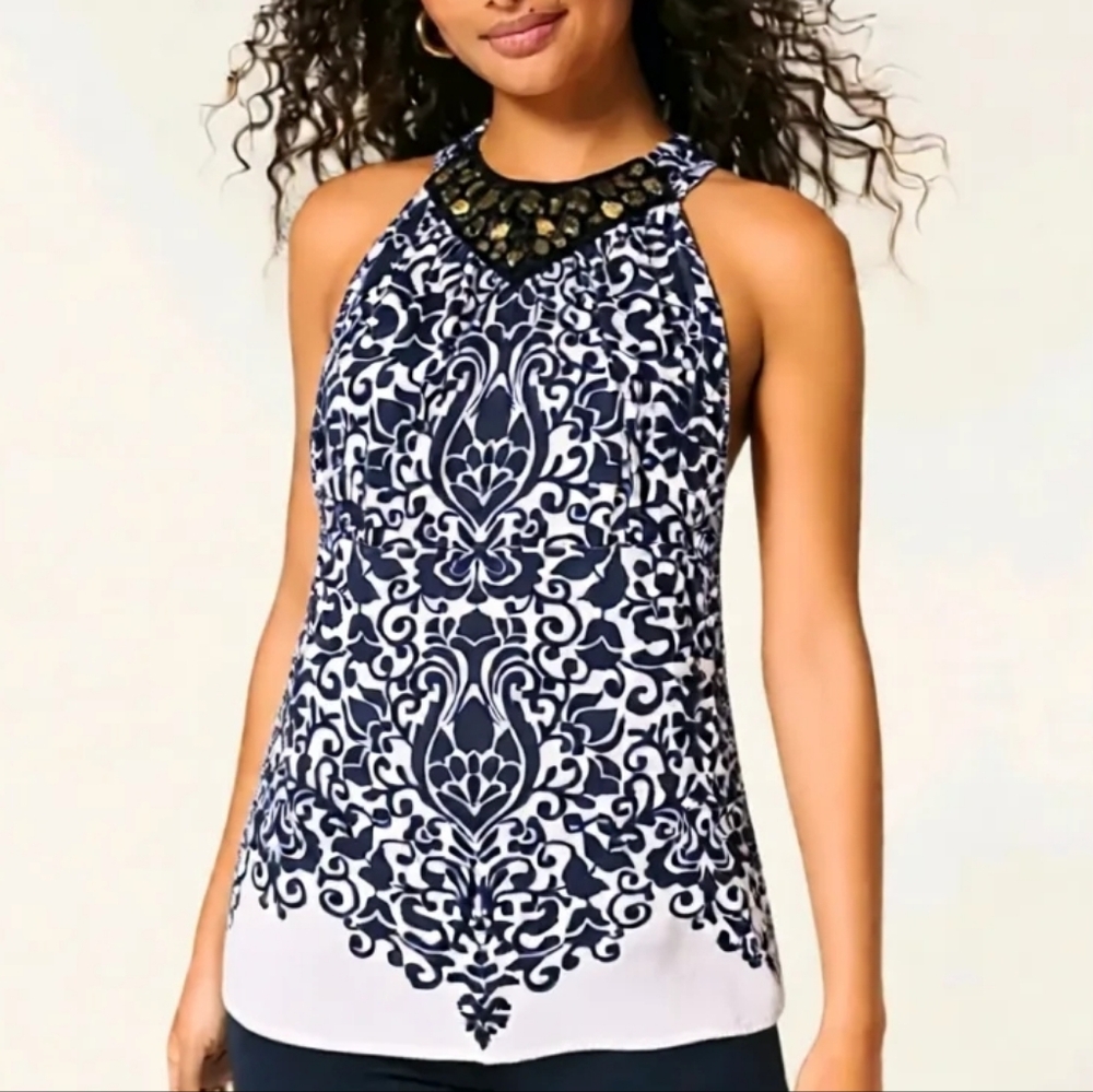 🩵CACHE Y2K Women's Navy and White Halter Top